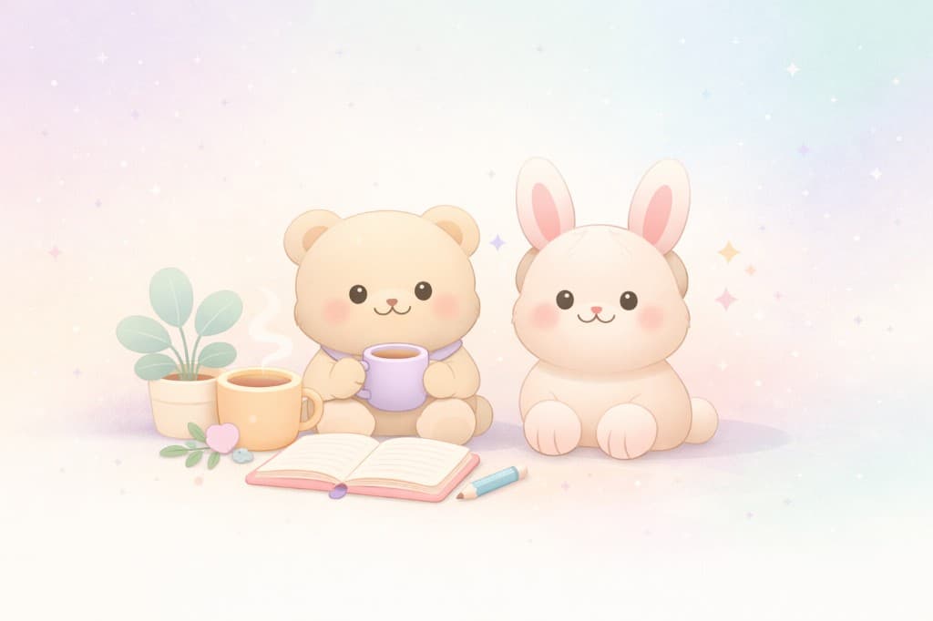 Milo el conejo y Lumi el oso, compañeros de Daily Cozy, con diario y tazas.